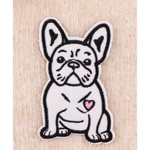 French Bulldog Iron On Patch Embroidered Frenchie Dog Heart Applique White Black
